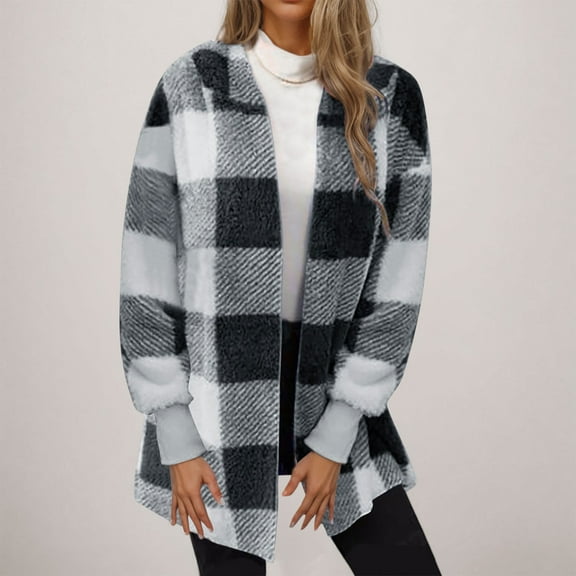 Fnooota Womens Fleece Jackets, Plaid Long Sleeve Warm Open Front Fall Winter Cardigans Black Size XL