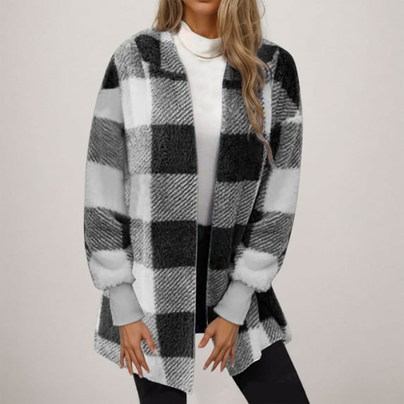 Fnooota Womens Fleece Jackets, Plaid Open Front Warm Long Sleeve Fall Winter Cardigans Gray Size XL