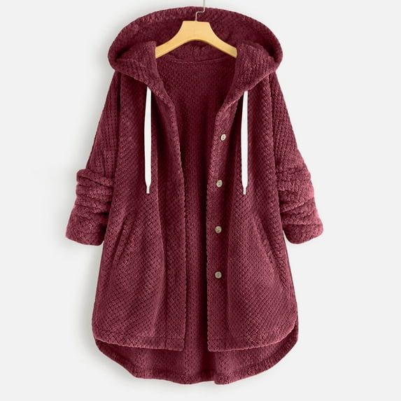 Fnooota Womens Fleece Jackets, Plus Size Warm Hooded Loose Fall Winter Coats Wine Size XL