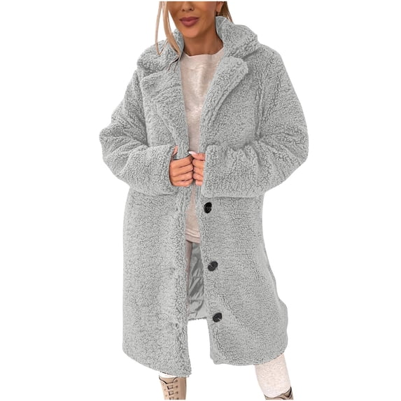 Fnooota Womens Fleece Jackets, Warm Mid-Length Lapel Collar Fashion Winter Outerwear with Buttons Gray Size S-2XL