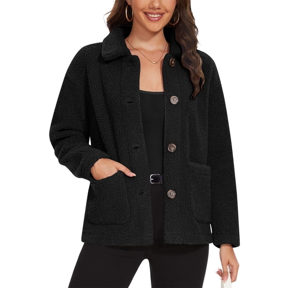 Fnooota Womens Fleece Jackets with Buttons, Soft Long Sleeve Warm Lapel Collar Winter Coats Outerwear Black Size S
