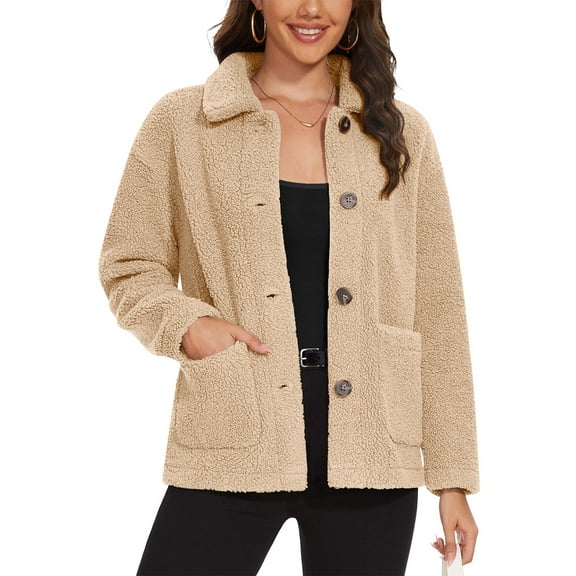 Fnooota Womens Fleece Jackets with Buttons, Warm Soft Lapel Collar Long Sleeve Winter Coats Outerwear Khaki Size S