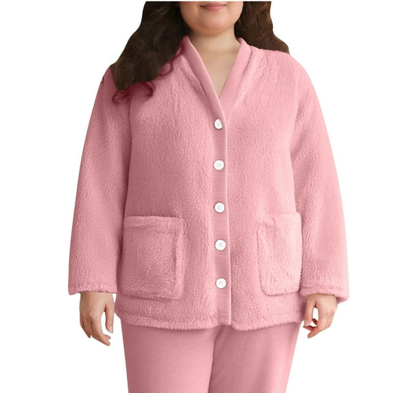 Fnooota Womens Fleece Pajama Tops, Long Sleeve V Neck Warm Winter Loungewear Tops with Pockets Pink Size XL