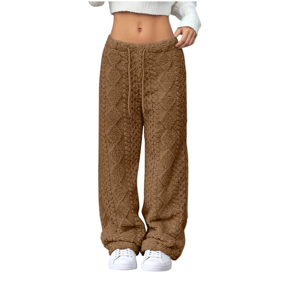 Fnooota Womens Fleece Pants, Warm Straight-leg Elastic Waist Soft Winter Pants Coffee Size M