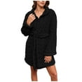 thumbnail image 1 of Fnooota Womens Fleece Robes, Knee Length Long Sleeve Soft Warm Winter Sleepwear with Belt Black Size L, 1 of 7
