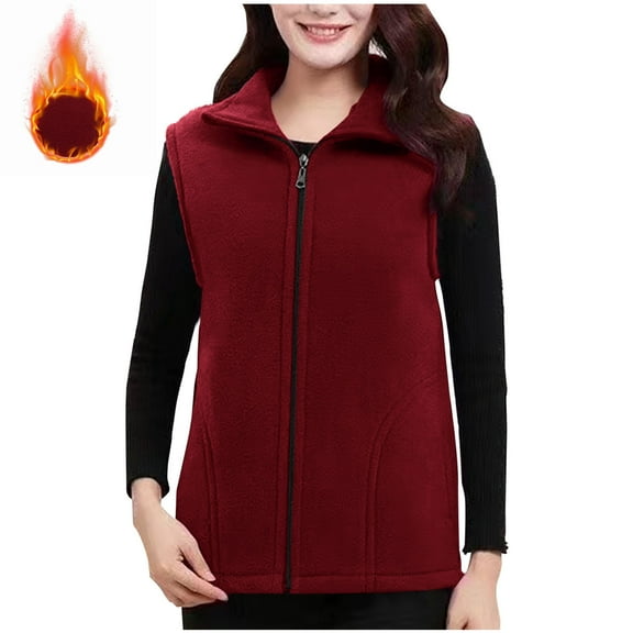 Fnooota Womens Fleece Vest, Lightweight Thermal Zip up Lapel Collar Winter Outerwear with Pockets Wine Size XL