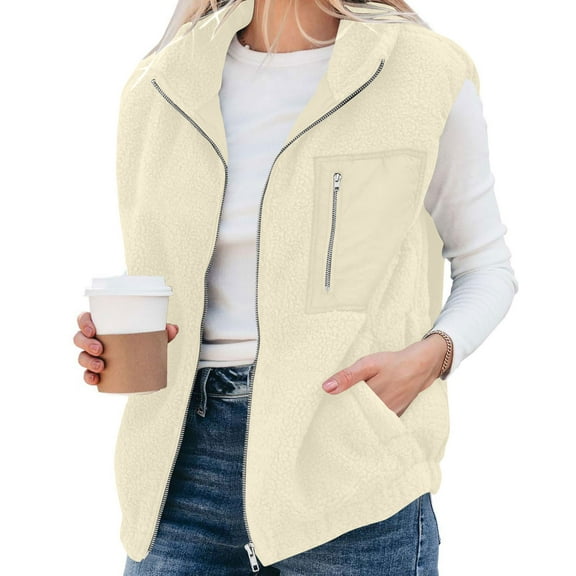 Fnooota Womens Fleece Vests with Zipper, Lightweight Lapel Collar Winter Warm Sleeveless Jackets Beige Size 2XL