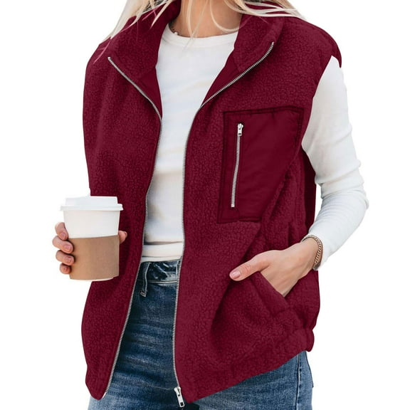 Fnooota Womens Fleece Vests with Zipper, Winter Lapel Collar Lightweight Warm Sleeveless Jackets Wine Size XL