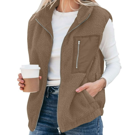 Fnooota Womens Fleece Vests with Zipper, Winter Warm Lightweight Lapel Collar Sleeveless Jackets Brown Size L