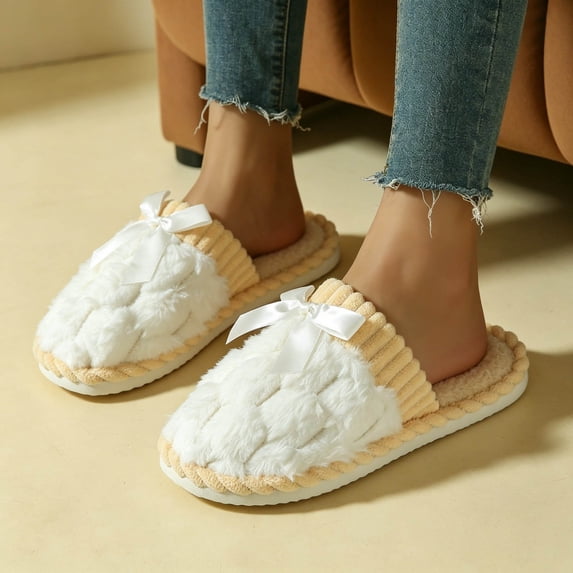Fnooota Womens Fuzzy Slippers, Non Slip Warm Daily Wear Winter House Slippers Home Shoes White Size 4-5