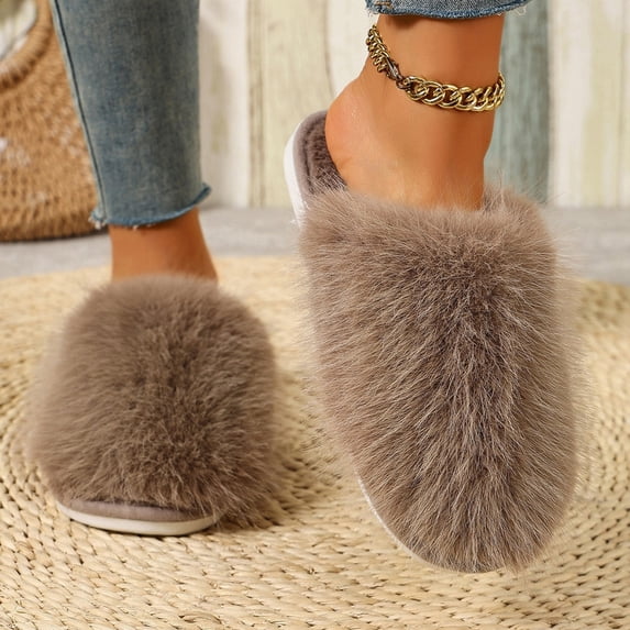 Fnooota Womens Fuzzy Slippers, Warm Casual Winter Non Slip House Slippers Home Shoes Khaki Size 9-9.5