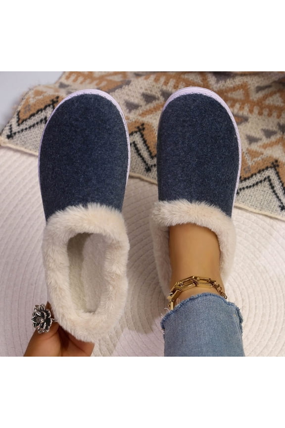 Womens Fuzzy Slippers, Warm Slip on Fleece-Lined Platform Winter Indoor Shoes Navy Size 8.5