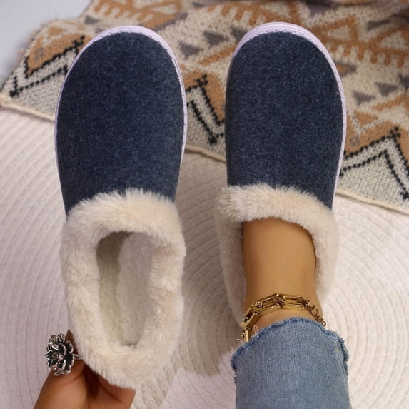 Fnooota Womens Fuzzy Slippers, Warm Slip on Platform Fleece-Lined Winter Indoor Shoes Navy Size 9