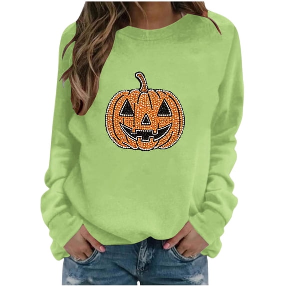 Fnooota Womens Halloween Sweatshirts, Long Sleeve Fashion Pullover Rhinestone Graphic Halloween Tops Green Size M
