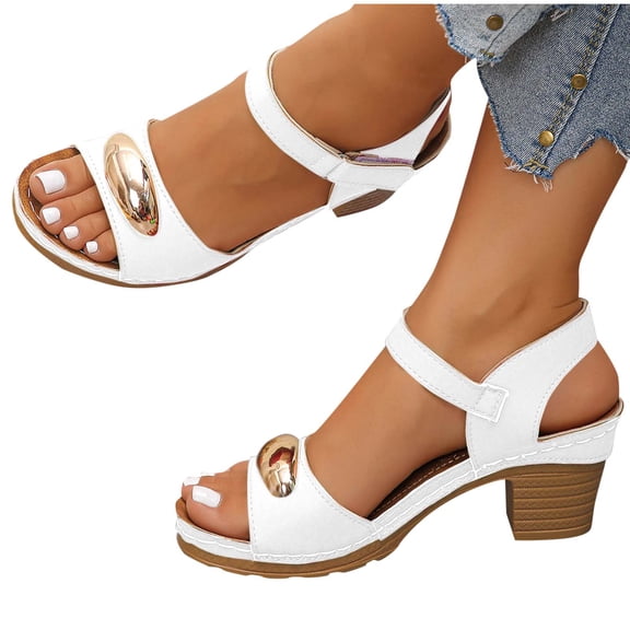 Fnooota Womens Heeled Sandals, Chunky Open Toe Non-slip Ankle Strap Summer Shoes White Size 8