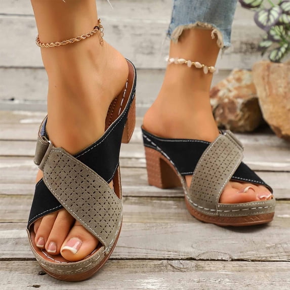 Fnooota Womens Heeled Sandals, Non-slip Outdoor Slip On Open Toe Summer Shoes Gray Size 6.5