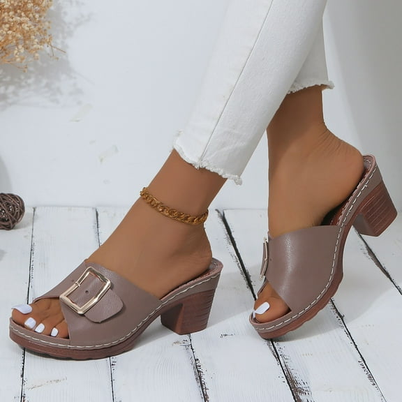 Fnooota Womens Heeled Sandals, Slip On Casual Open Toe Summer Shoes Sandals Coffee Size 6.5