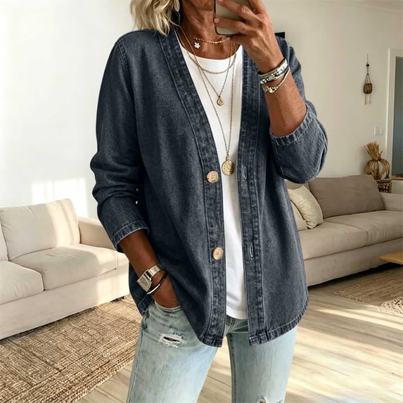 Fnooota Womens Jean Jackets, Long Sleeve Open Front Spring Fall Casual Denim Jackets Black Size M