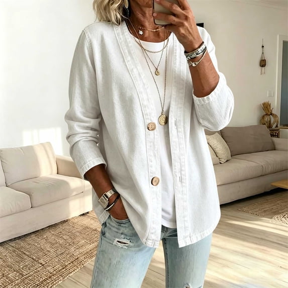 Fnooota Womens Jean Jackets, Open Front Long Sleeve Casual Spring Fall Denim Jackets White Size M
