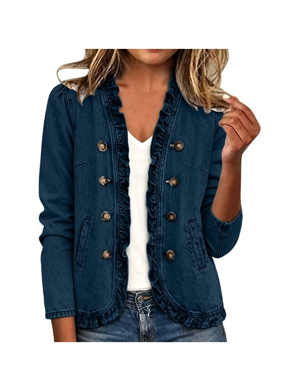 Womens Jean Jackets, Open Front Long Sleeve Fashion Spring Fall Denim Jackets Dark Blue Size L