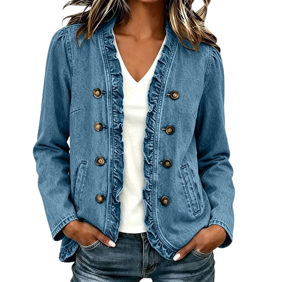 Fnooota Womens Jean Jackets, Open Front Spring Fall Long Sleeve Fashion Denim Jackets Sky Blue Size S-3XL