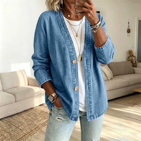 Fnooota Womens Jean Jackets, Spring Fall Casual Long Sleeve Open Front Denim Jackets Blue Size M