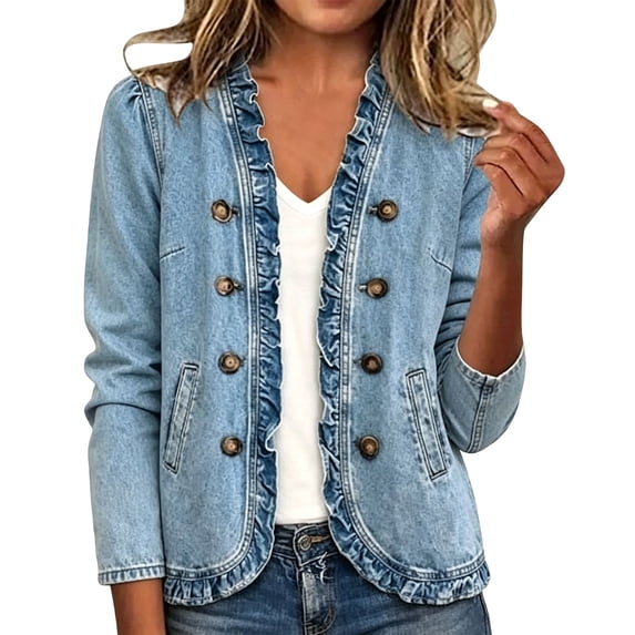 Fnooota Womens Jean Jackets, Spring Fall Long Sleeve Open Front Fashion Denim Jackets Blue Size 3XL
