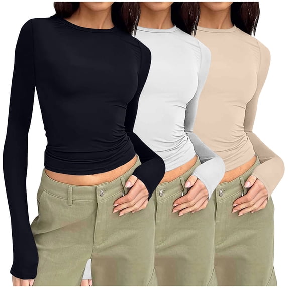 Fnooota Womens Long Sleeve Tops, Crew Neck Slim Fit 3 Piece Stretch Undershirts Khaki Size L