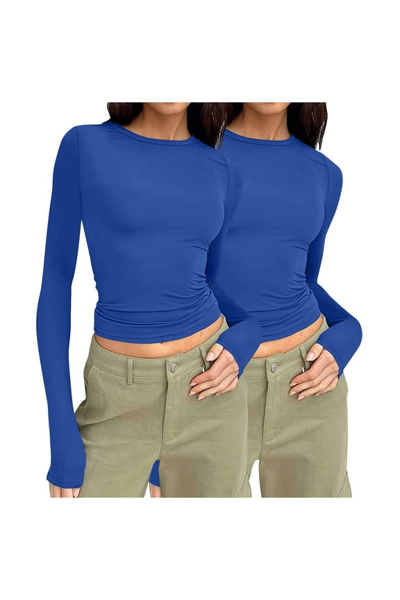 Womens Long Sleeve Tops, Slim Fit 2 Piece Crew Neck Casual Undershirts Blue Size S