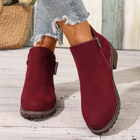 Fnooota Womens Low Heel Boots, Fashion Zipper Non Slip Winter Ankle Boots Wine Size 6.5