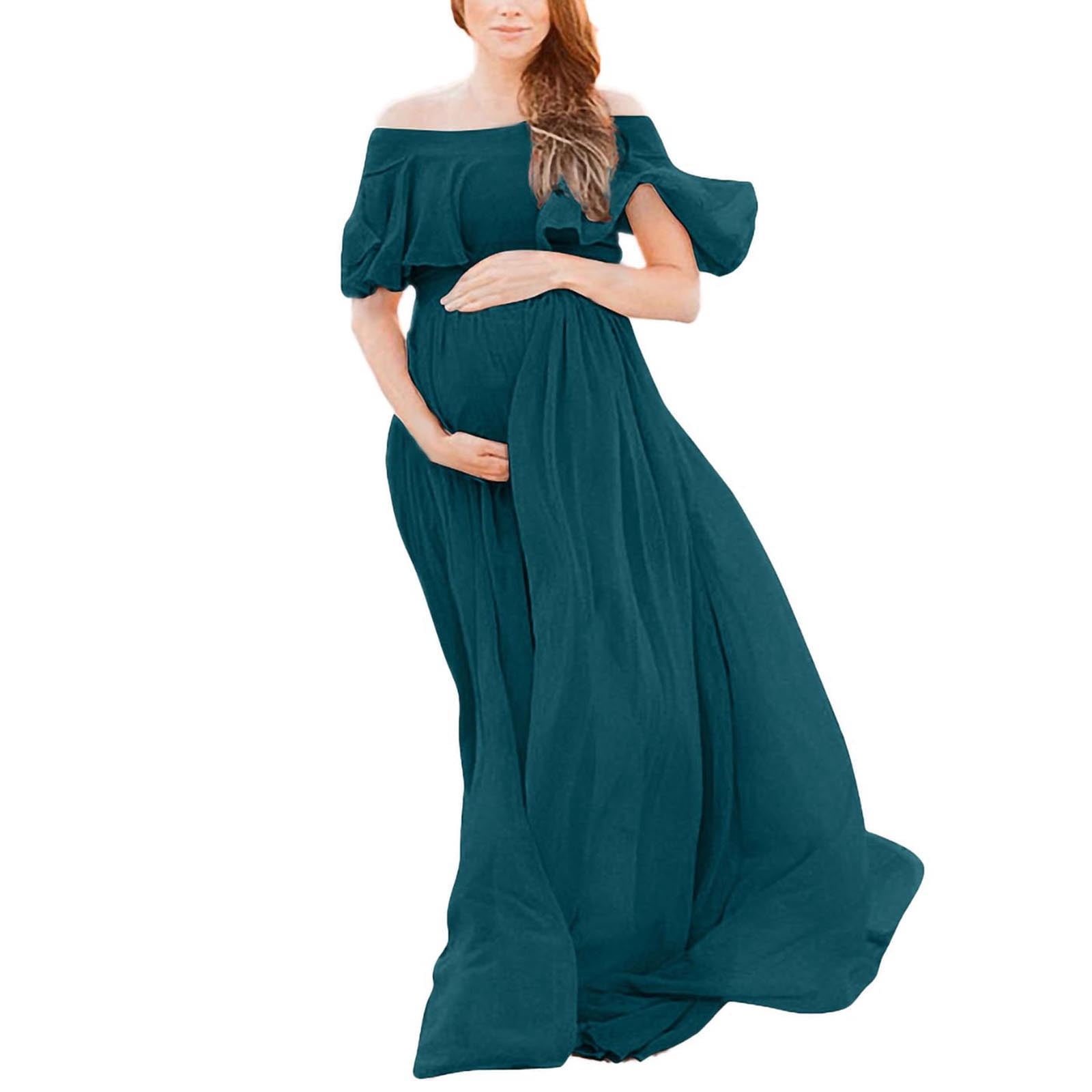 Fnooota Womens Maternity Dresses, Fashion Short Sleeve Off the Shoulder Holiday Photoshoot Dresses Green Size L