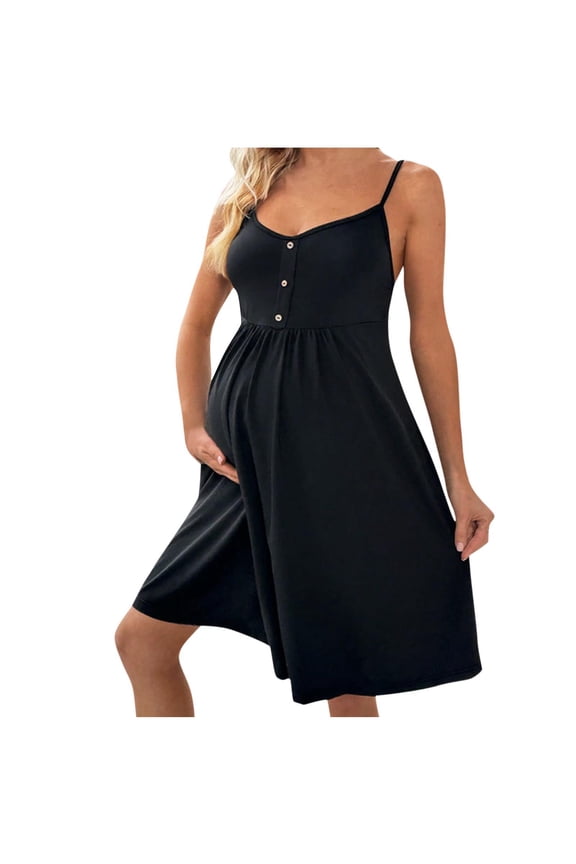 Womens Maternity Dresses, V Neck Stretchy Cotton Sleeveless Summer Dresses Black Size L