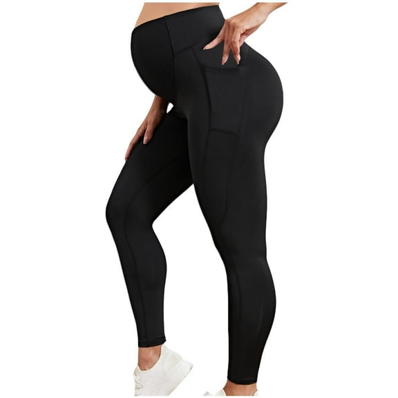 Fnooota Womens Maternity Leggings with Pockets, Yoga Stretchy High Waisted Cotton Maternity Bottoms Black Size S-XL