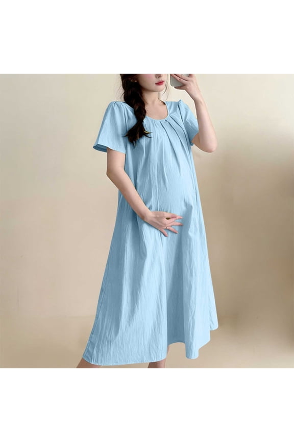 Womens Maternity Summer Dresses, Crew Neck Short Sleeve Mid-length Loose Fit Pregnancy Dresses Blue Size XL