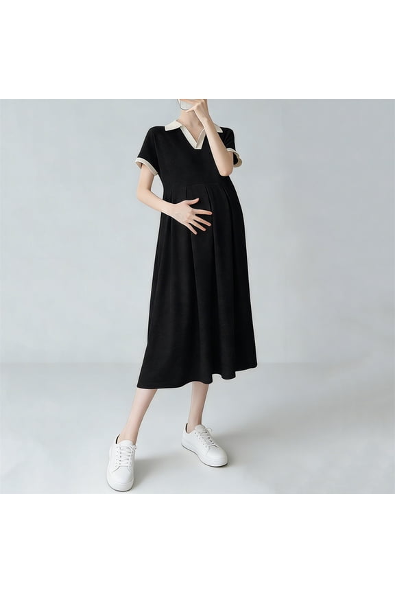Womens Maternity Summer Dresses, Short Sleeve V Neck Loose Fit Mid-length Pregnancy Dresses Black Size 2XL