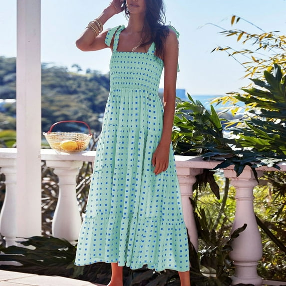 Fnooota Womens Maxi Dresses, Print Sleeveless Square Neck Suspenders Summer Dress Green Size XL