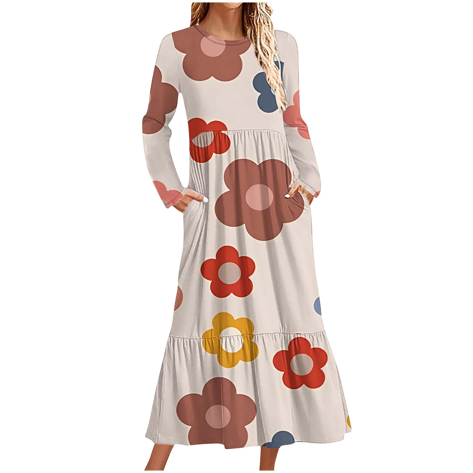 Women's Long Sleeve Maxi Dress - Fall 2024 Knit, Empire Waist, Pleated With Pockets