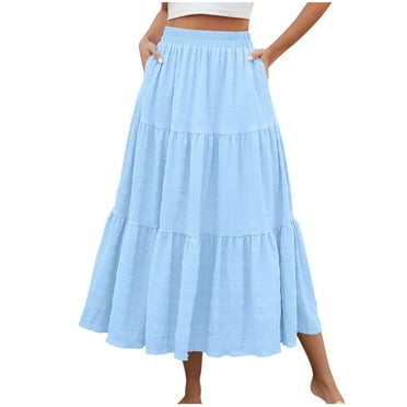 Fnooota Womens Maxi Skirts with Pockets, High-waisted A-line Tiered Vacation Long Skirts for Women Light Blue Size S-2XL