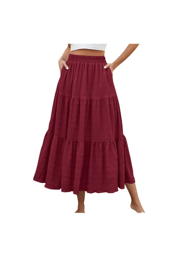 Womens Maxi Skirts with Pockets, Tiered High-waisted A-line Vacation Long Skirts for Women Wine Size 2XL