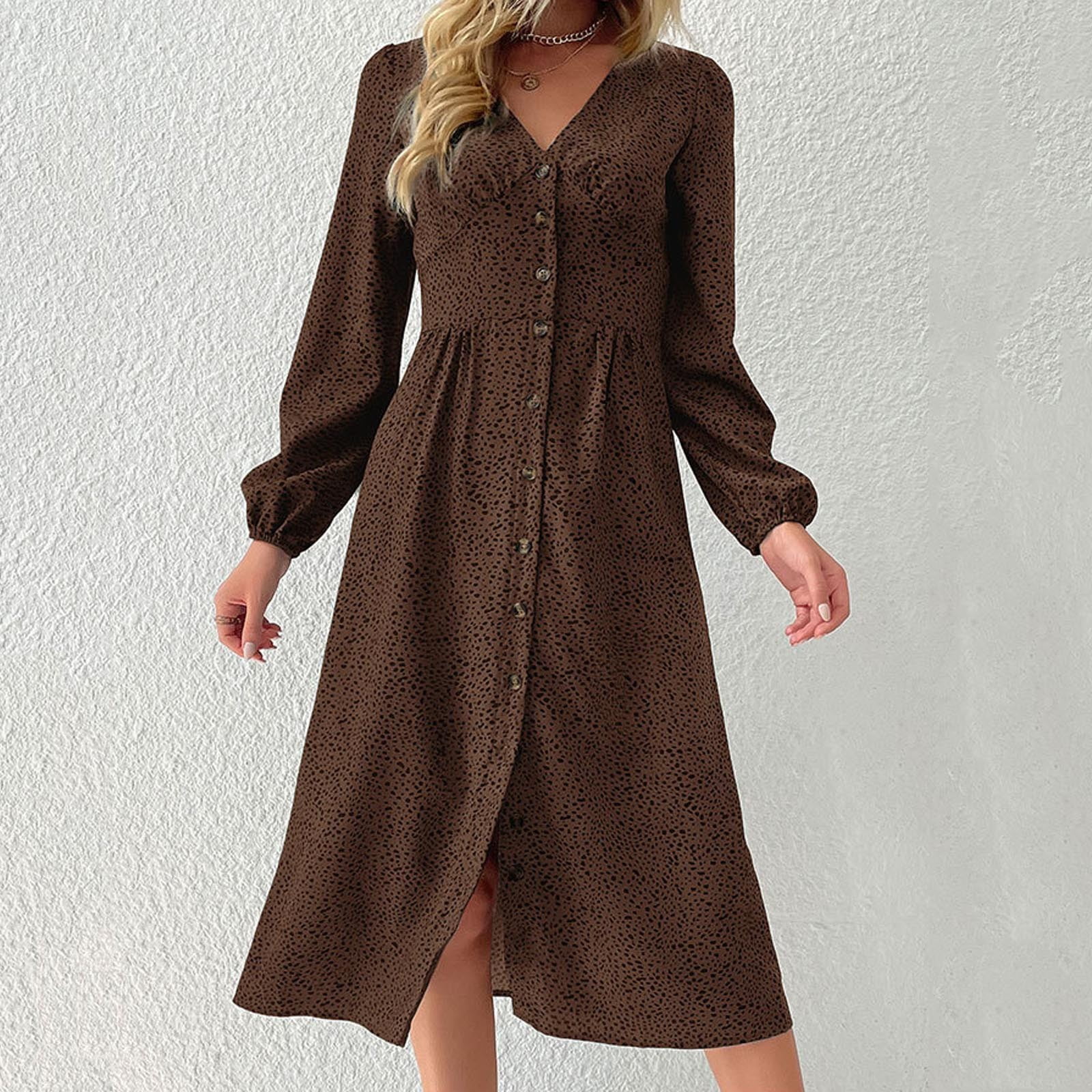 Fnooota Womens Midi Dresses, Casual Spring Fall V Neck Long Sleeve
