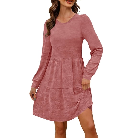 Fnooota Womens Midi Dresses, Cotton Pullover Crew Neck Long Sleeve Casual Dresses Pink Size S