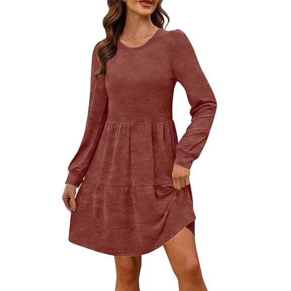 Fnooota Womens Midi Dresses, Long Sleeve Cotton Pullover Crew Neck Casual Dresses Red Size S