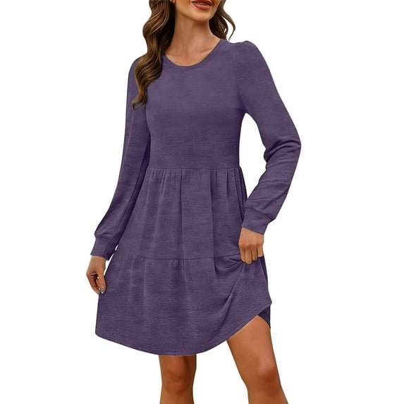 Fnooota Womens Midi Dresses, Pullover Cotton Long Sleeve Crew Neck Casual Dresses Purple Size M