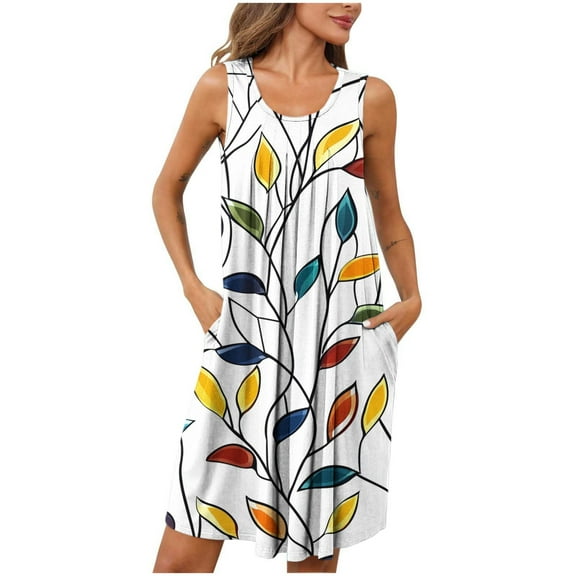 Fnooota Womens Nightgowns with Pockets, Soft Printed Sleeveless Pleated Sleepwear Nightshirts White Size S-2XL