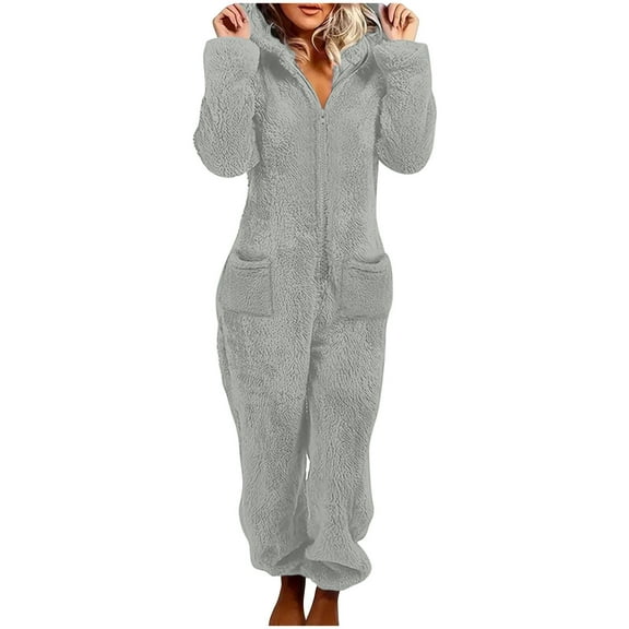 Fnooota Womens One-piece Pajamas, Fleece Full Zip Warm Long Sleeve Winter Sleepwear Set Gray Size M