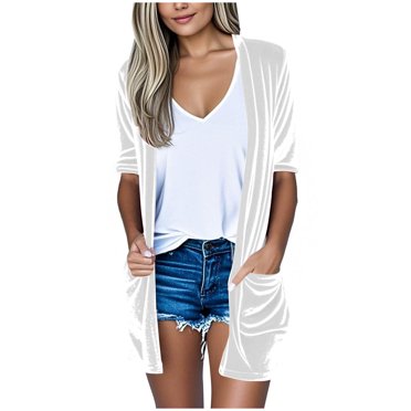 Fnooota Womens Open Front Cardigans, Casual Mid-length Lightweight Elbow Length Fall Clothing White Size M