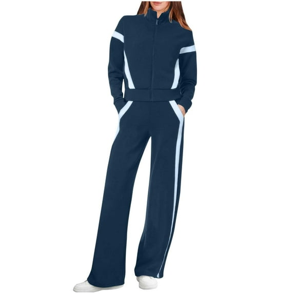 Fnooota Womens Outfit Sets, 2 Piece Casual Long Sleeve Sweatshirts and Sweatpants Sets Blue Size L