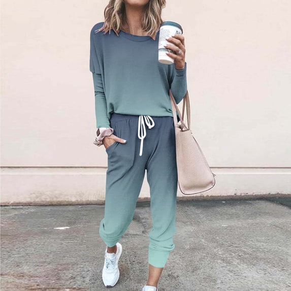 Fnooota Womens Outfit Sets, Casual 2 Piece Long Sleeve Sweatshirts and Sweatpants Sets Navy Size L