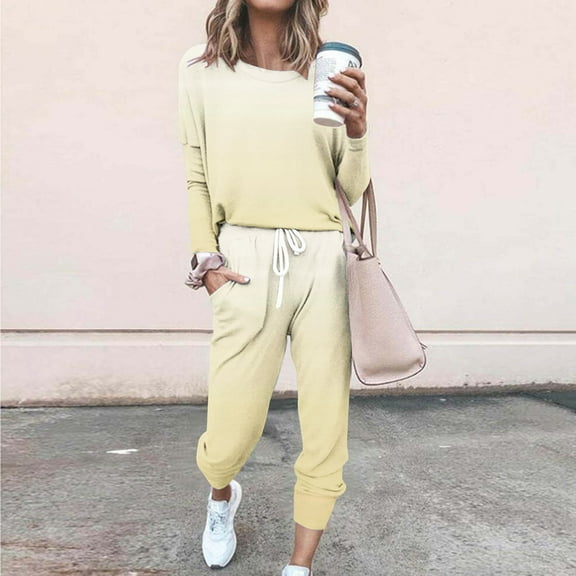 Fnooota Womens Outfit Sets, Casual Long Sleeve 2 Piece Sweatshirts and Sweatpants Sets Yellow Size S
