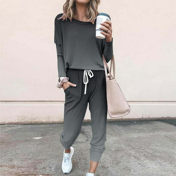 Fnooota Womens Outfit Sets, Long Sleeve Casual 2 Piece Sweatshirts and Sweatpants Sets Black Size 3XL